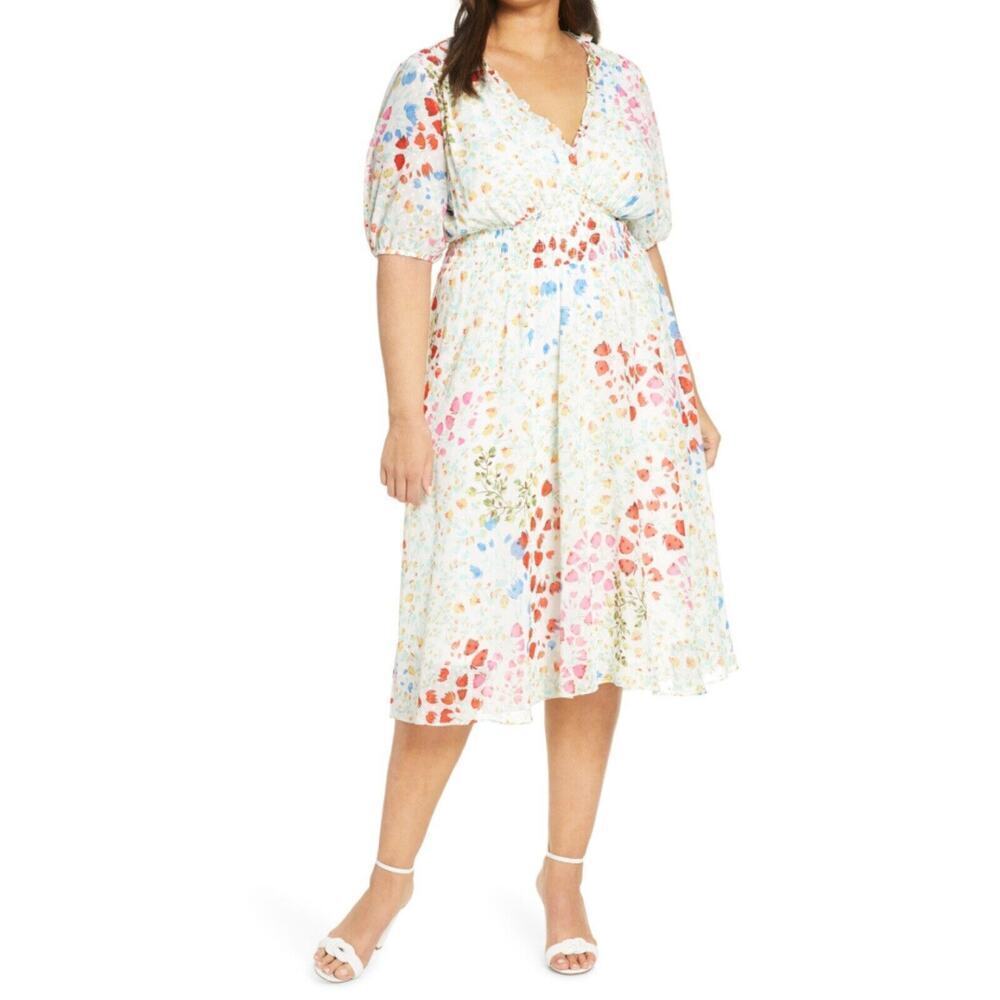 Maison Tara Floral Chiffon Clip Dot V Neck Smocked Midi Dress plus Size 14